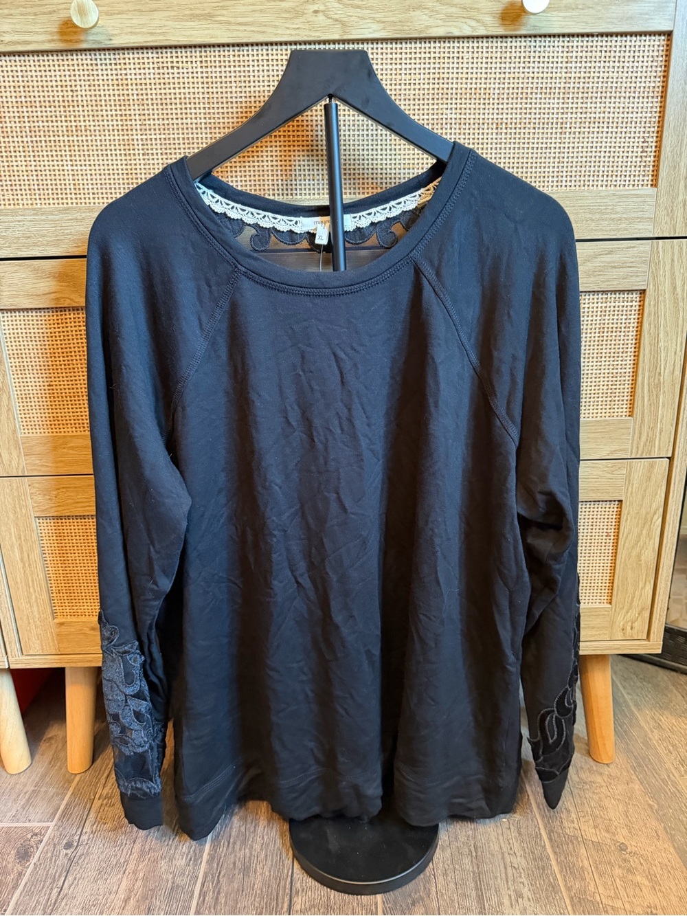 Maurices Black Long Sleeve Tee with Lace Trim and Embroidered Sleeves